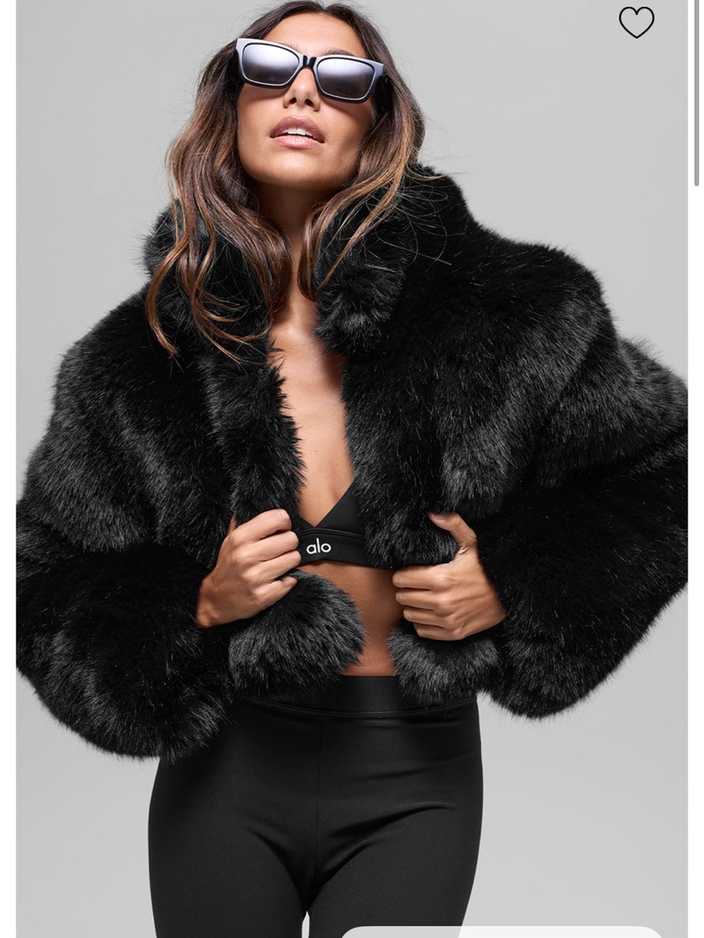 ALO Yoga Opulent Black Faux Fur Cropped Jacket medium